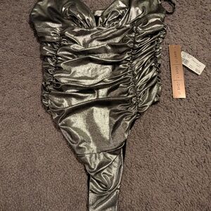 Large Metallic Silver Ruched Bodysuit
